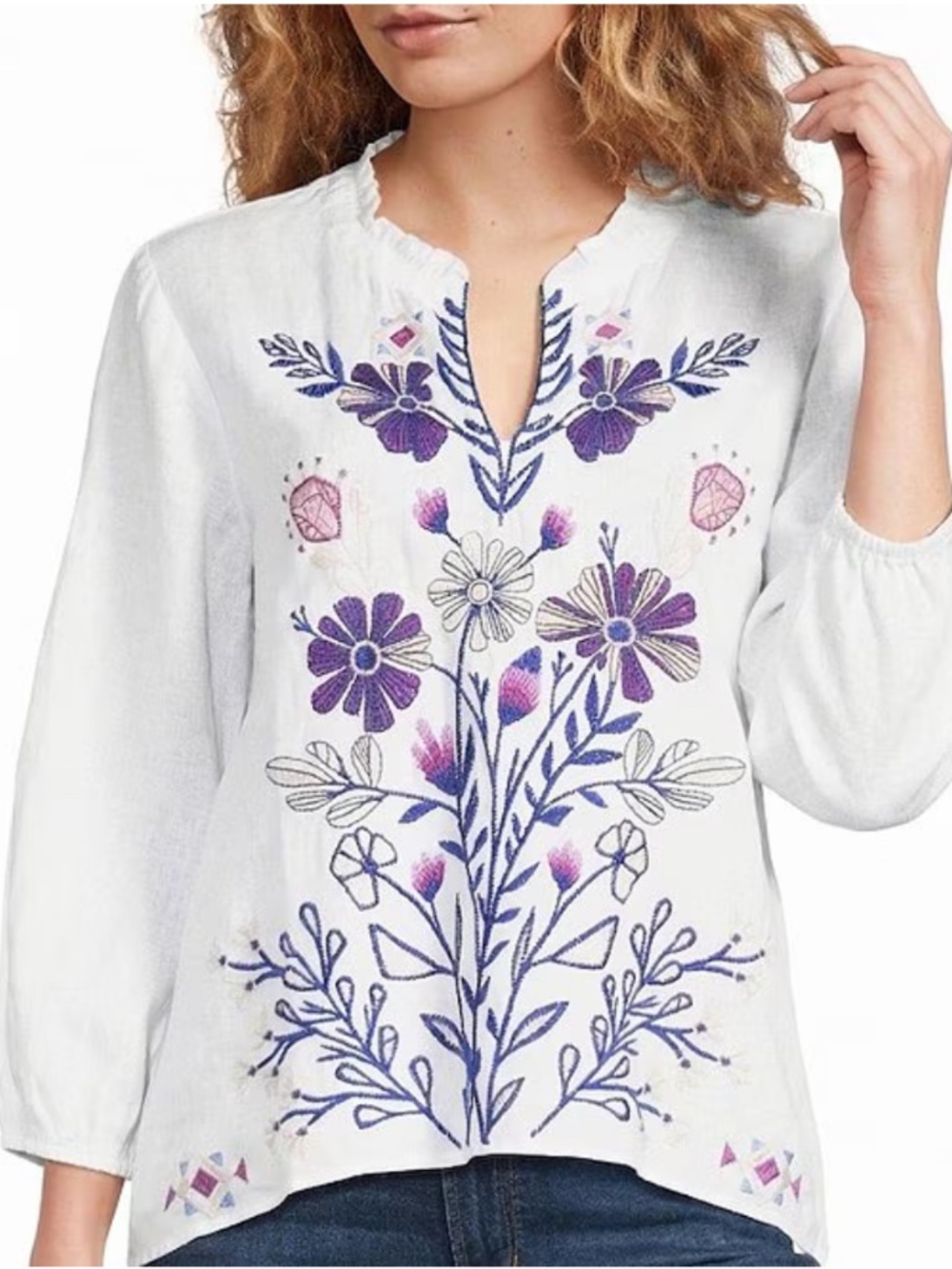Johnny Was Ruffle Field Embroidered Linen Blouse, White, Size L, NWT